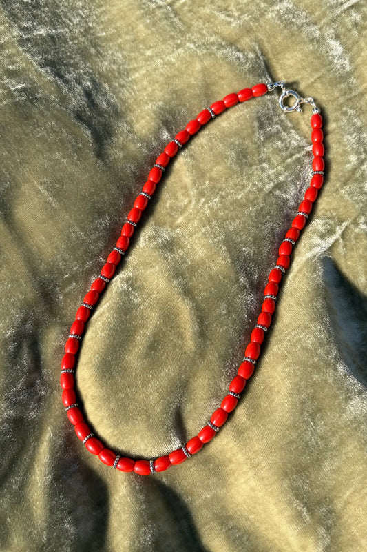 Italian red coral necklace with 925 sterling silver spacer beads – view 2