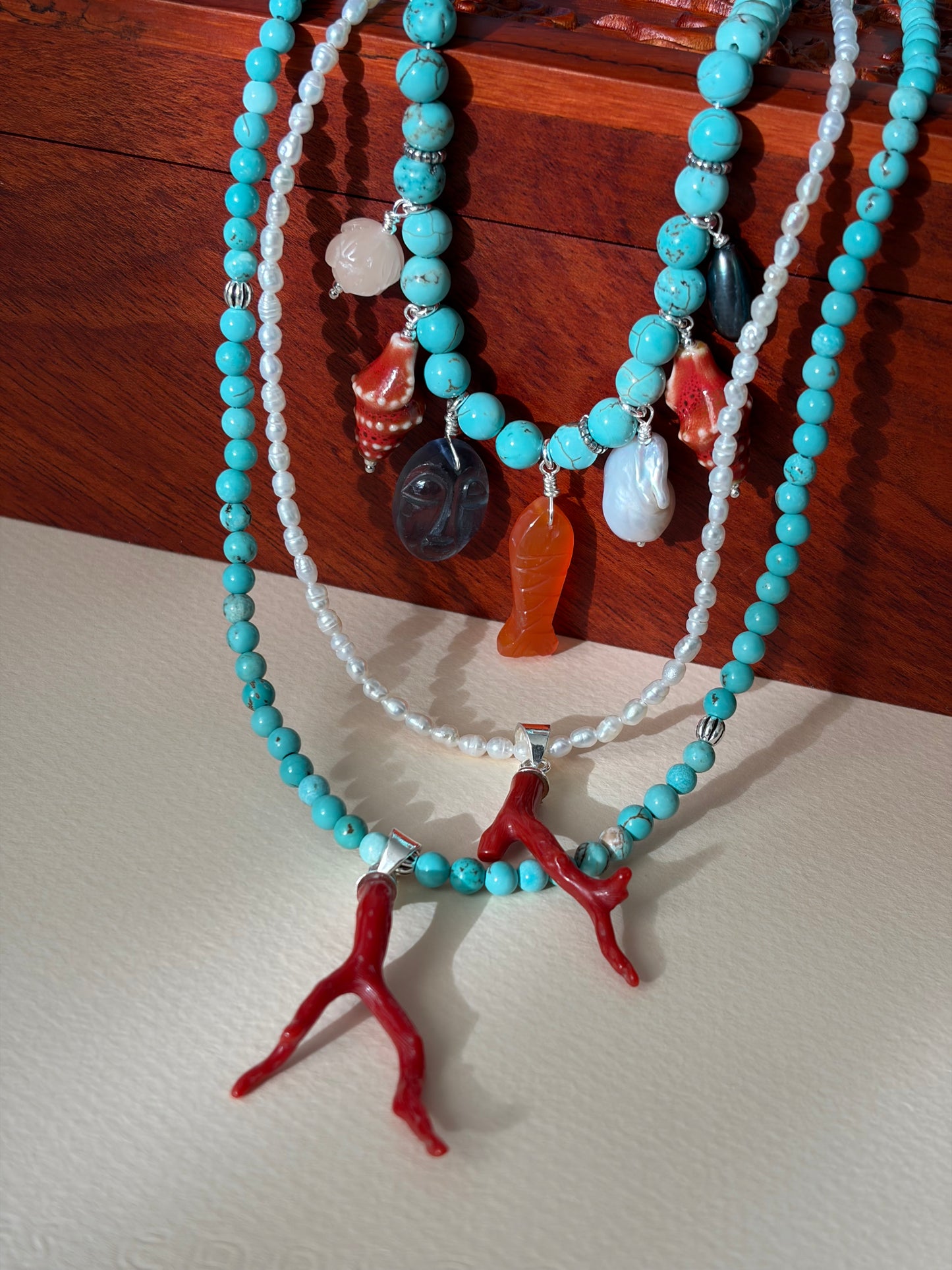 Turquoise Necklace with Coral Pendant