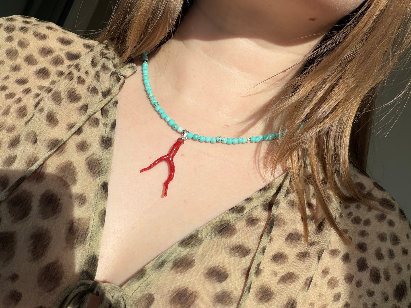 Turquoise Necklace with Coral Pendant
