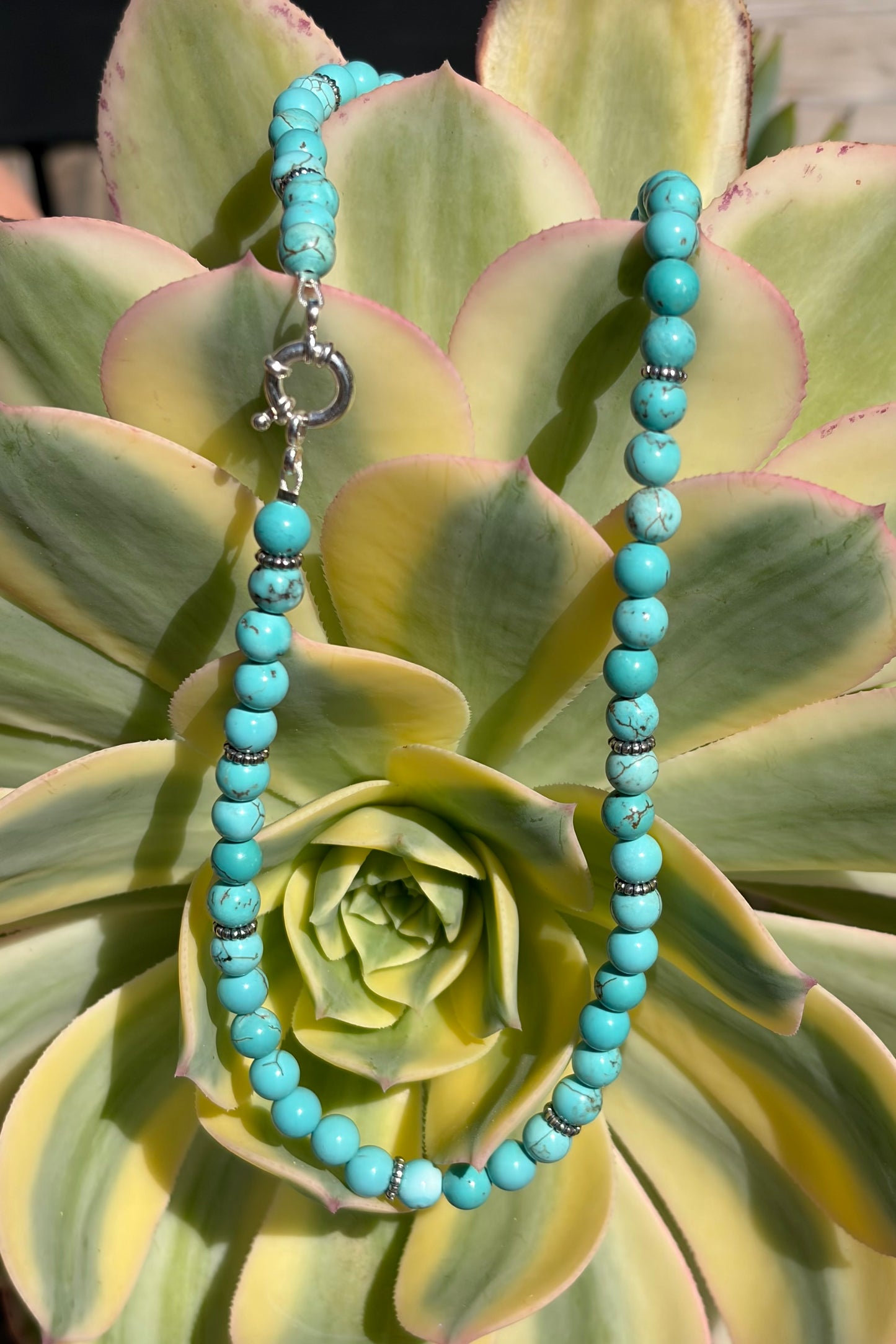 Natural turquoise bead necklace with sterling silver clasp