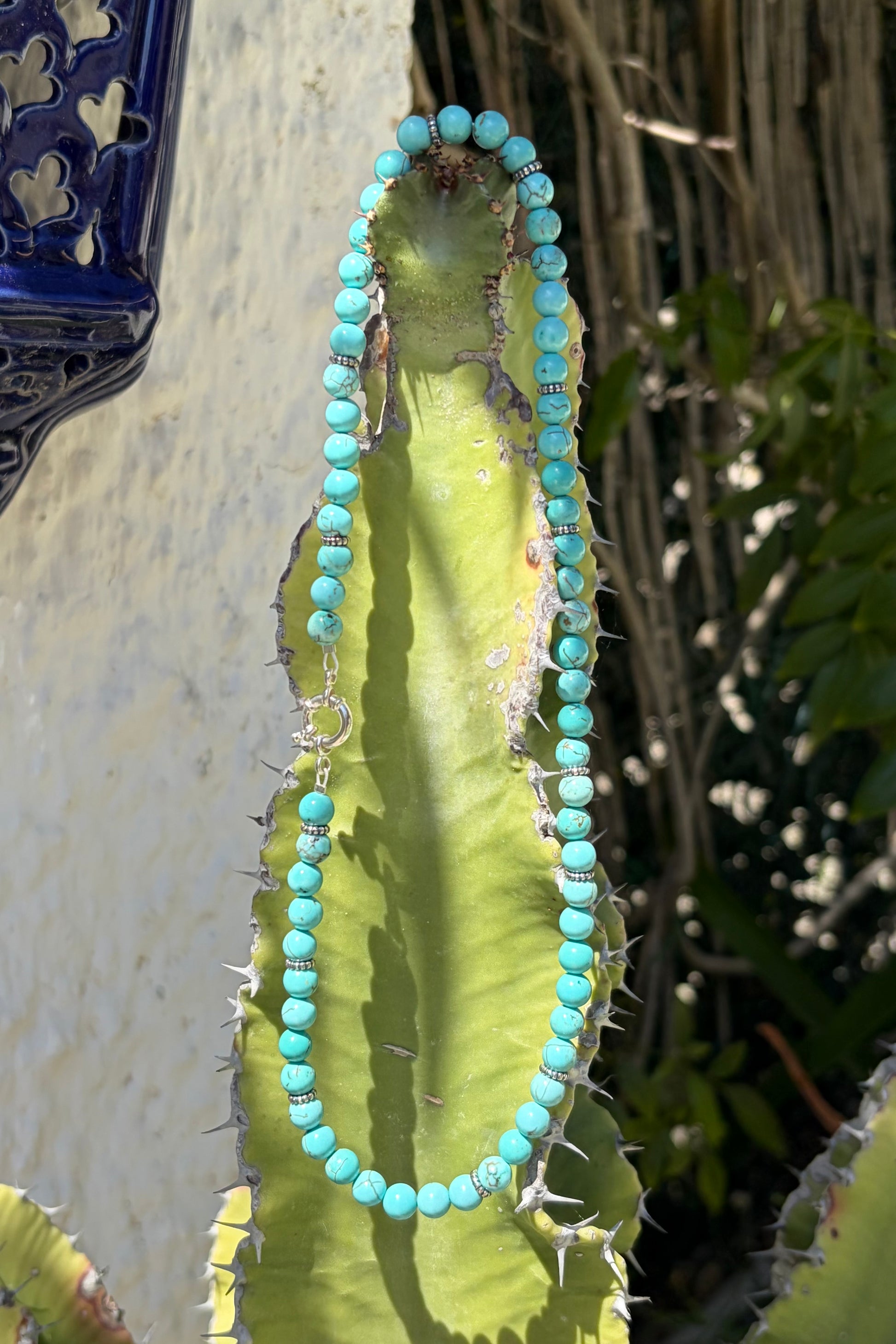 Natural turquoise bead necklace with sterling silver clasp
