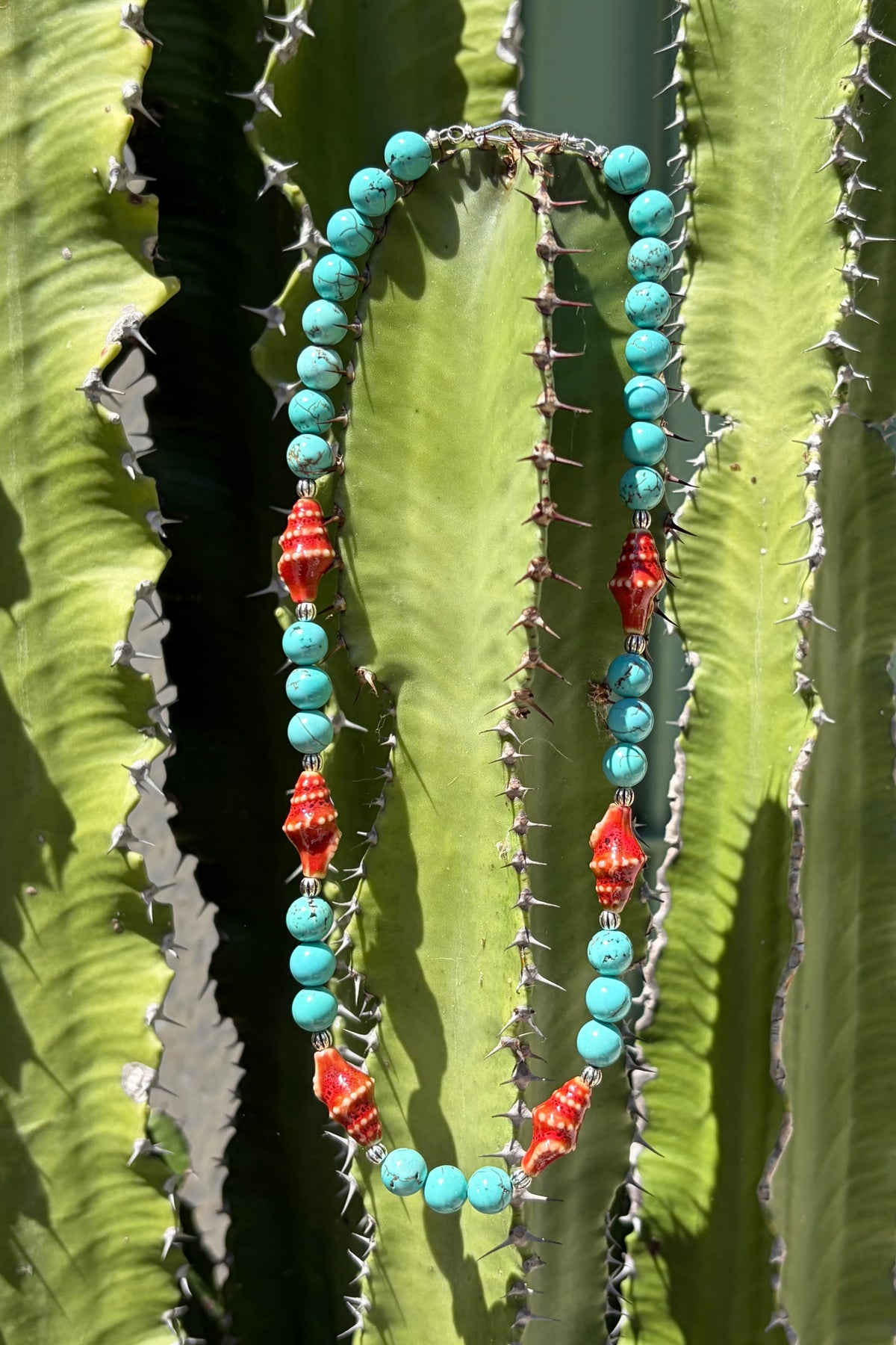 Turquoise & Ceramic Shell Necklace, 925 Sterling Silver