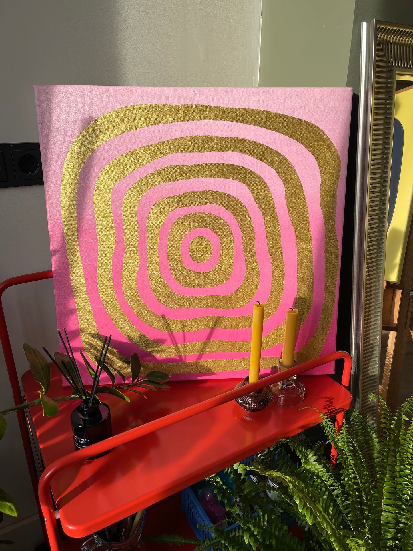 Original Abstract Oil Painting Pink and Gold