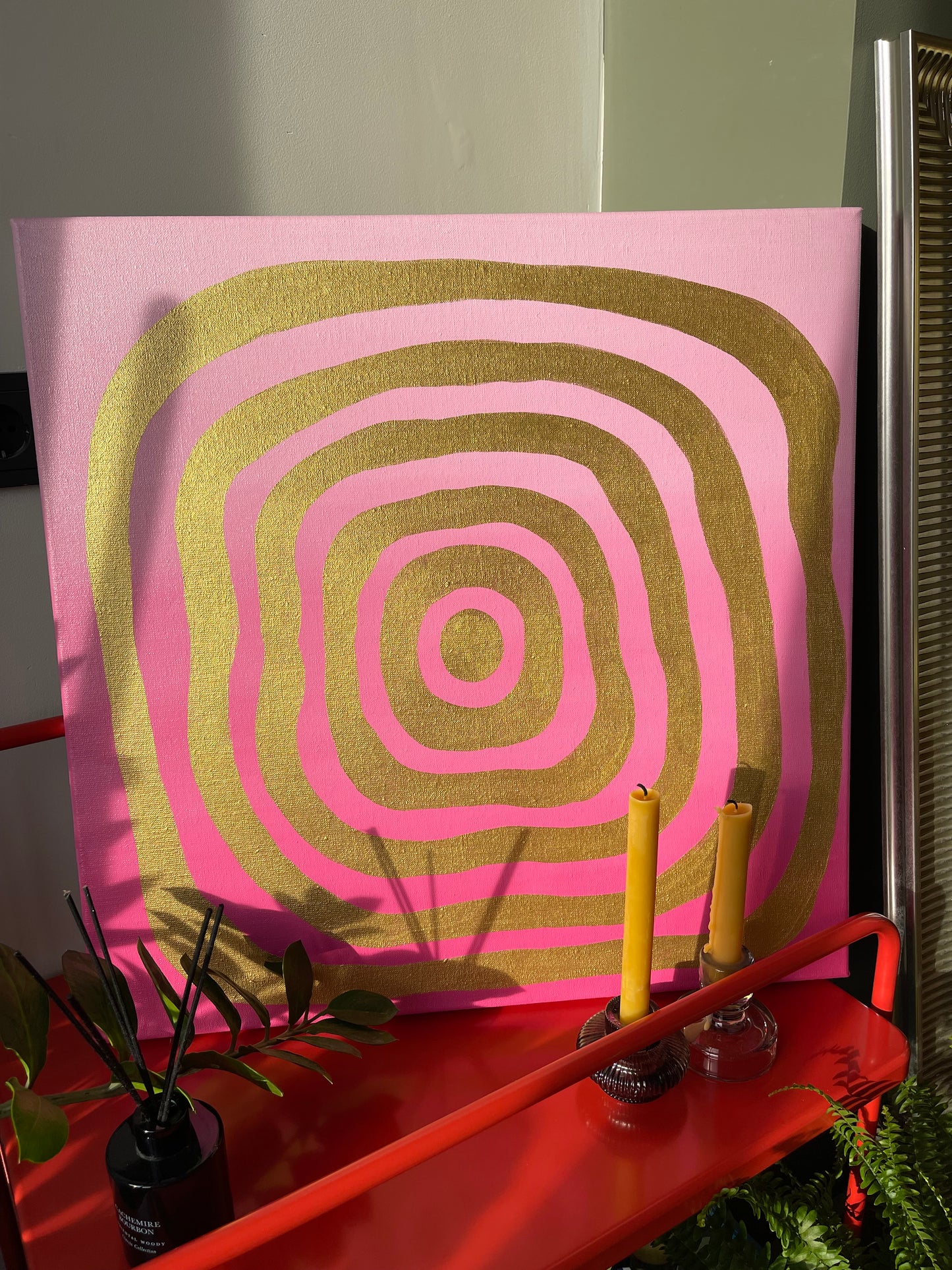 Original Abstract Oil Painting Pink and Gold