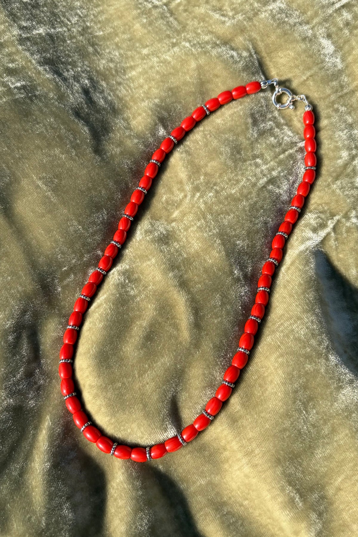 Italian red coral necklace with 925 sterling silver spacer beads – view 2