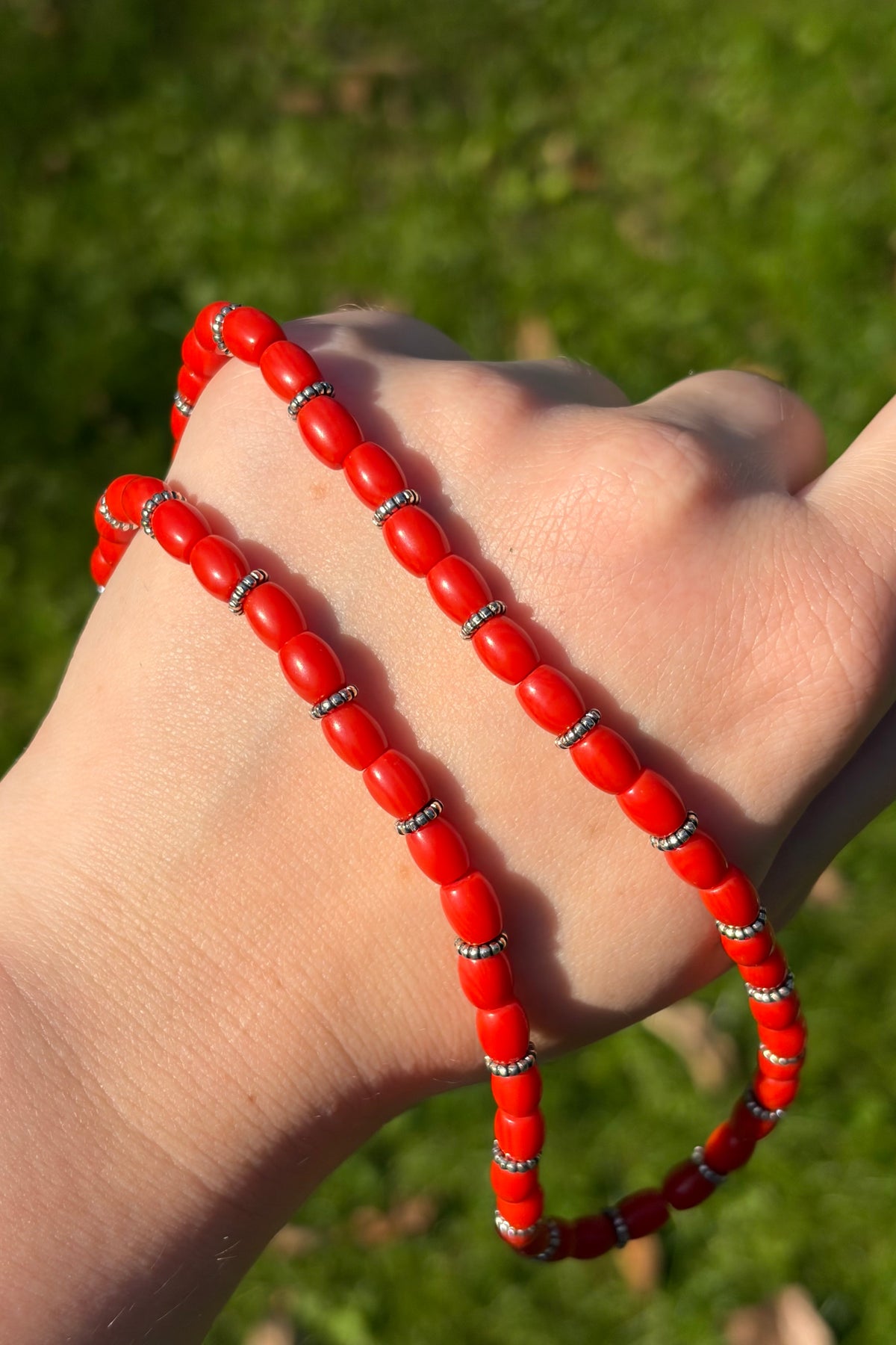 Italian red coral necklace with 925 sterling silver spacer beads – view 4