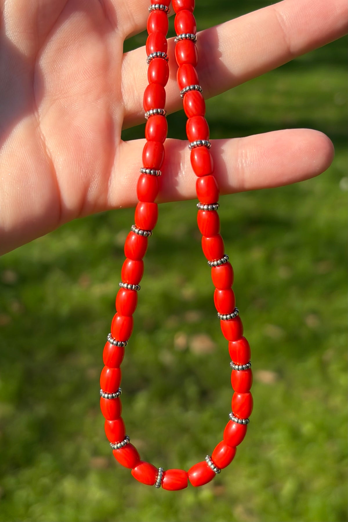 Italian red coral necklace with 925 sterling silver spacer beads – view 3
