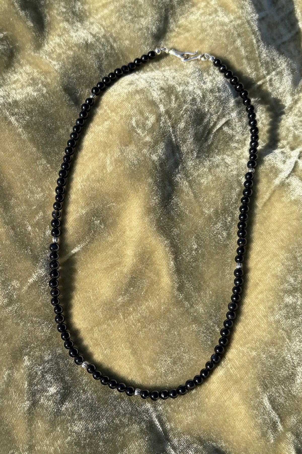 Natural black onyx 4 mm bead necklace with 925 sterling silver accents
