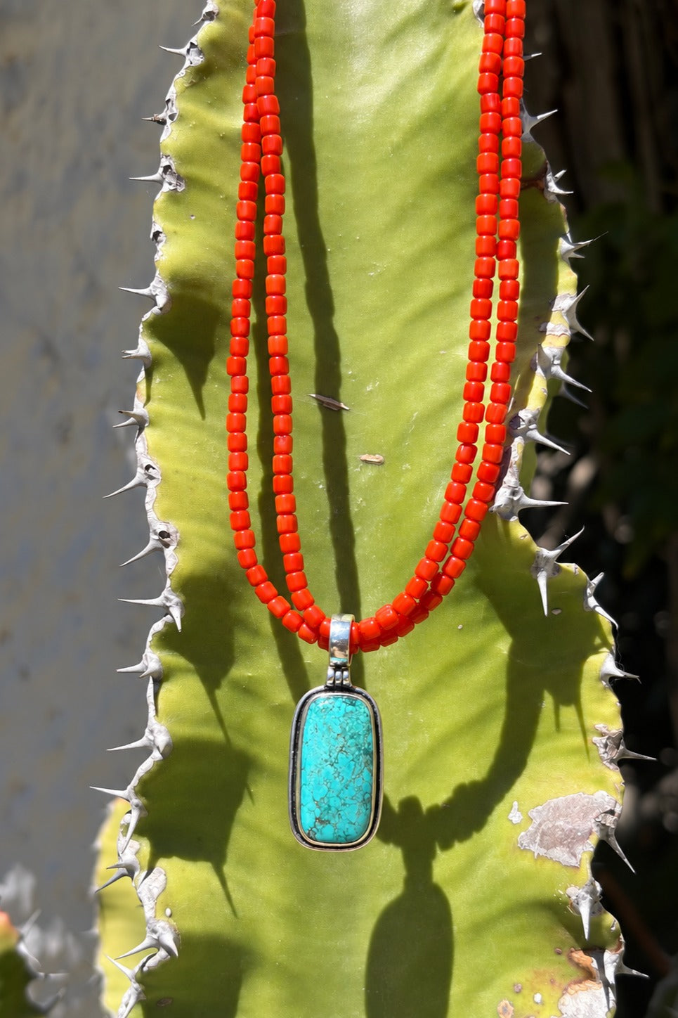 Red bead necklace with natural turquoise pendant and 925 sterling silver clasp