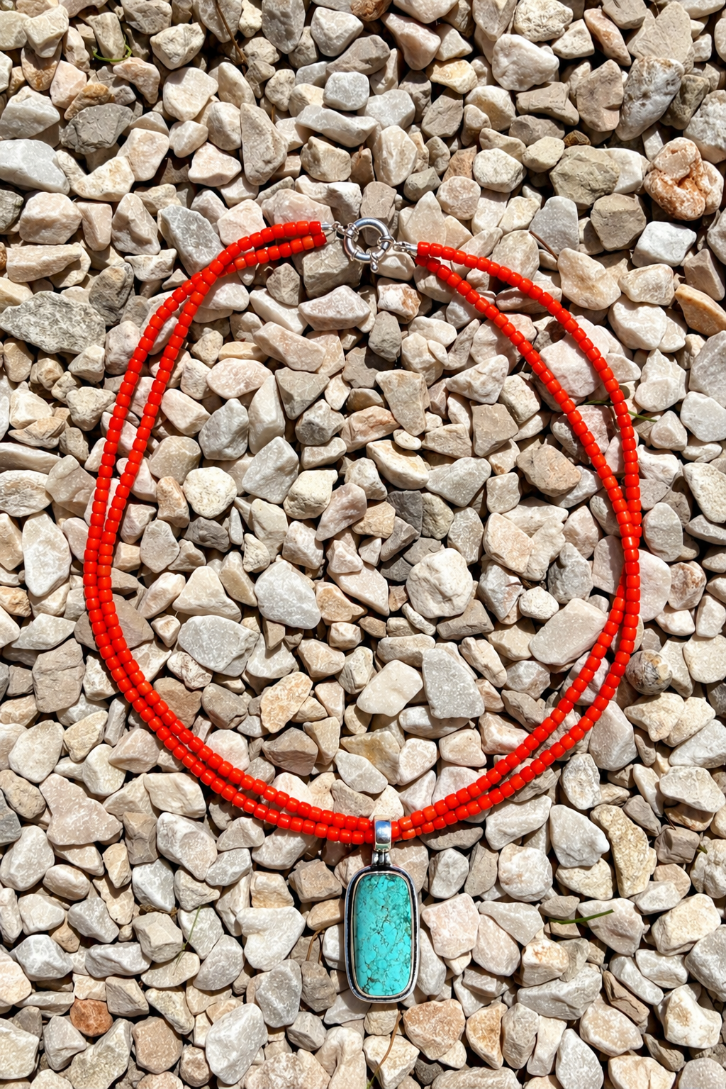 Red bead necklace with natural turquoise pendant and 925 sterling silver clasp – view 3