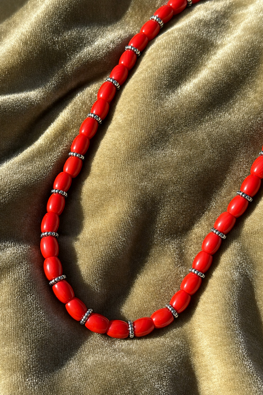 Italian red coral necklace with 925 sterling silver spacer beads